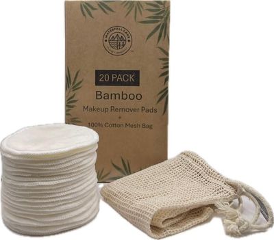 Reusable Bamboo Makeup Remover Pads, Double-Sided, Eco-Friendly Rounds for All Skin Types, Includes Cotton Mesh Bag, 20 Count.
