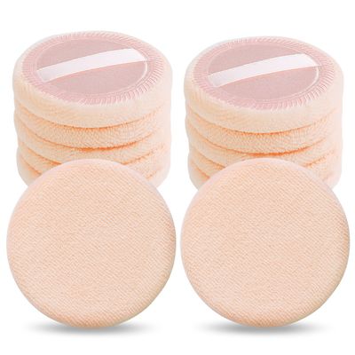 Sibba Loose Powder Puff 12 Pieces Round Velour Face Makeup Compact Body Container Setting Pressed Blending Foundation Cream Make Up Ribbon Strap Sponge Cushion Applicator (Skin Color)