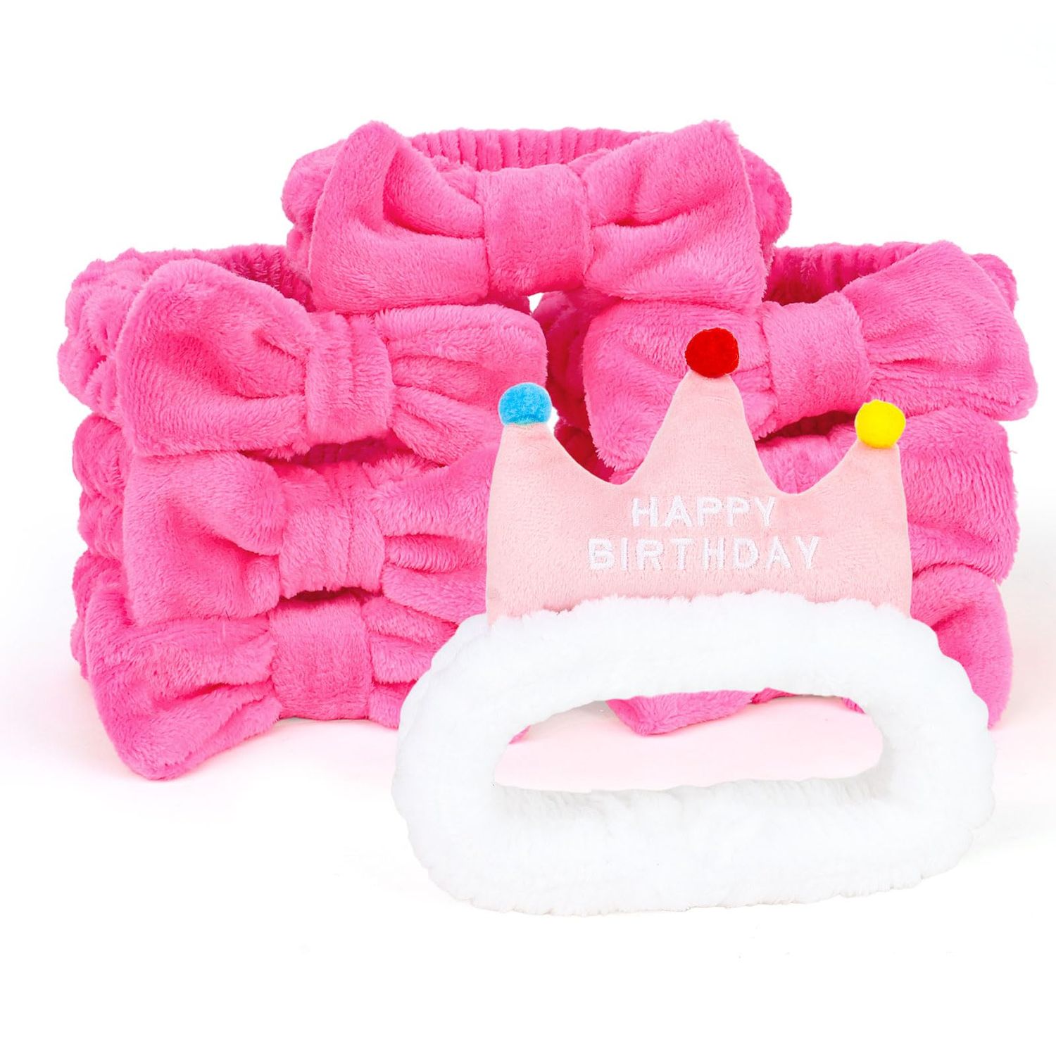 YARIEW Happy Birthday Headband and 7 Pcs Hot Pink Spa Headband for Washing Face Set, Spa Headbands for Women Microfiber Skincare Headband Birthday Party Decorations Supplies