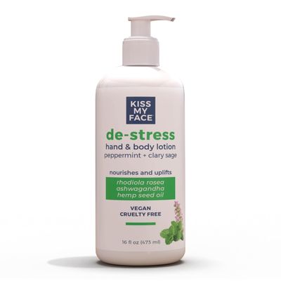 Kiss My Face De-Stress Hand &amp; Body Lotion - Peppermint + Clary Sage - Soothing Rhodiola Rosea - With Hemp Seed Oil &amp; Ashwagandha - Vegan &amp; Cruelty-Free - 16 fl oz Bottle