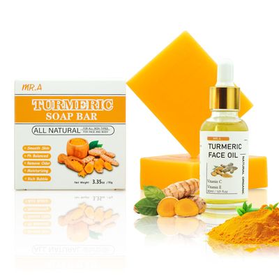 MR.A 2Pcs Turmeric Soap Bar and Turmeric Oil Set for Face &amp; Body, Nautral Ingredients with Vitamin C to Cleanses, Soothing, Hydrating Skin, Turmeric Skin Care Set for All Skin Type