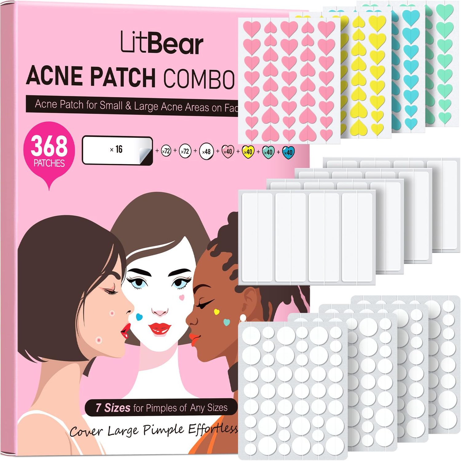 LitBear 3 IN 1 Acne Patch for Face, 7 Sizes 368 Patches Hydrocolloid Acne Patches for Chin, Forehead, Nose, 16 XL Pimple Patches Large for Body, Heart-Shaped Acne Cover Zit Patches Acne Dots Sticker
