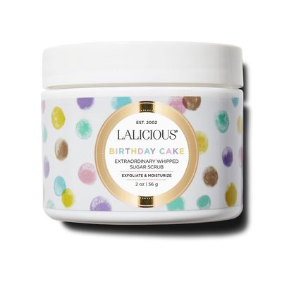 LaLicious Birthday Cake Extraordinary Whipped Sugar Scrub - Pink Shimmer Body &amp; Foot Scrub, Exfoliating &amp; Moisturizing Skin Care with Coconut Oil &amp; Honey, No Parabens (2 Ounce Travel Size)