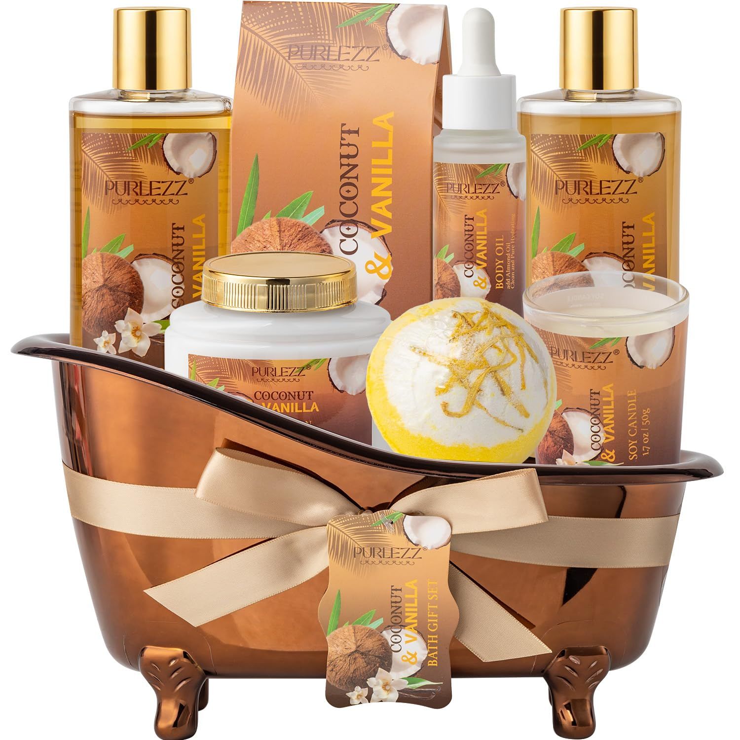Spa Gift Basket for Women, Coconut &amp; Vanilla Luxury Home Spa Kit, 8pcs Bath Gift Set, Birthday Gift for Women Unique with Bath Bombs, Scented Candle, Body Lotion, Spa Bath Sets for Women Gift