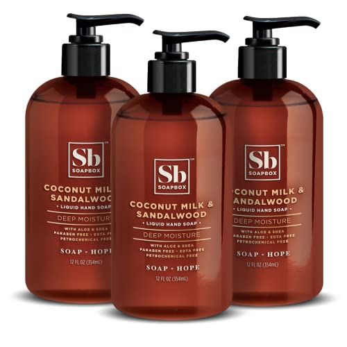 Soapbox Liquid Hand Soap, Coconut Milk &amp; Sandalwood, Gentle &amp; Moisturizing Hand Wash for Kitchen and Bathroom, Vegan &amp; Cruelty Free Scented Hand Soap 12 Ounce Pump Bottles (Pack of 3)