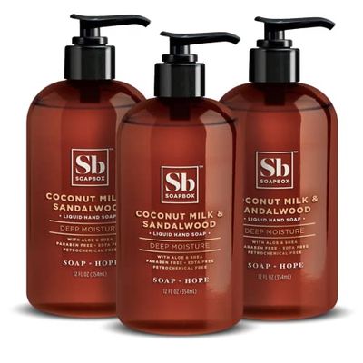 Soapbox Liquid Hand Soap, Coconut Milk &amp; Sandalwood, Gentle &amp; Moisturizing Hand Wash for Kitchen and Bathroom, Vegan &amp; Cruelty Free Scented Hand Soap 12 Ounce Pump Bottles (Pack of 3)