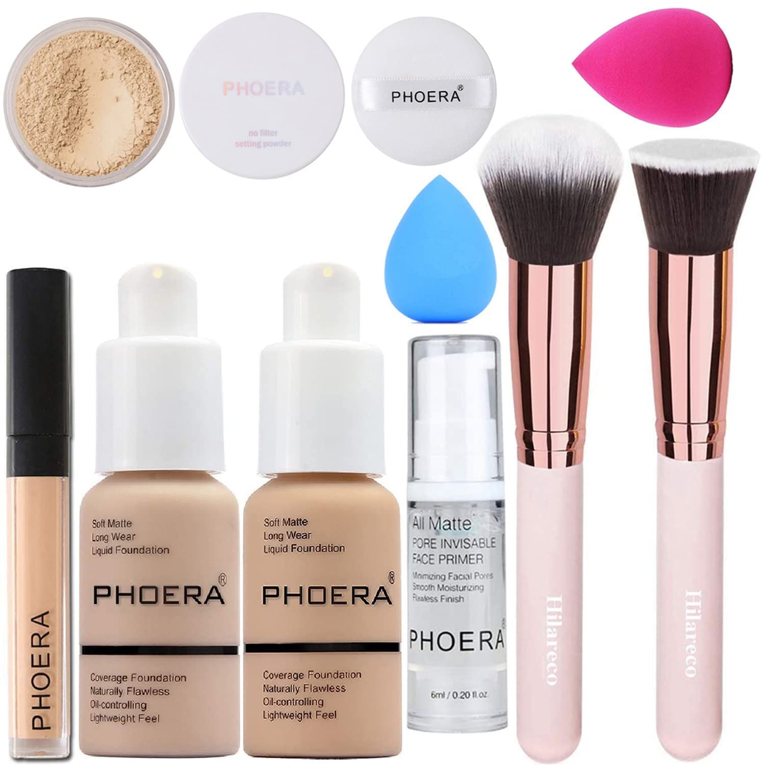 PHOERA Foundation,Full Coverage Foundation,PHOERA Primer,PHOERA Powder,PHOERA Concealer PHOERA Makeup Set, Kabuki Makeup Brushes Foundation Brush Powder Brush,2 Makeup Sponge (2 PCS 104- Buff Beige)