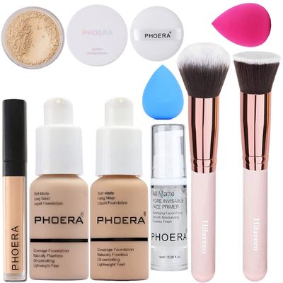 PHOERA Foundation,Full Coverage Foundation,PHOERA Primer,PHOERA Powder,PHOERA Concealer PHOERA Makeup Set, Kabuki Makeup Brushes Foundation Brush Powder Brush,2 Makeup Sponge (2 PCS 104- Buff Beige)