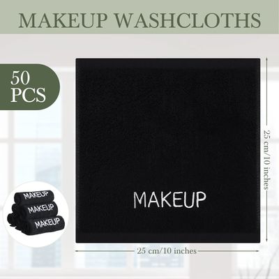 Riakrum 50 Pieces Makeup Washcloths Cotton Makeup Remover Towels Black Cosmetic Face Towel Absorbent Makeup Soft Facial Towels for Women Girls Face Cleansing Skin Care Gifts, 9.8 x 9.8 Inch