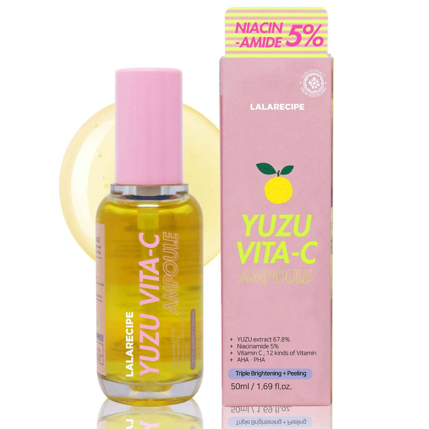 LALARECIPE Yuzu Vita C Facial Ampoule | Hydrating &amp; Brightening Korean Glow Ampoule with Niacinamide and Vitamin C | Dark Spot Care for Glowing Skin | Vegan Day &amp; Night Face Ampoule (1.69 fl oz)