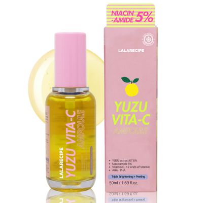 LALARECIPE Yuzu Vita C Facial Ampoule | Hydrating &amp; Brightening Korean Glow Ampoule with Niacinamide and Vitamin C | Dark Spot Care for Glowing Skin | Vegan Day &amp; Night Face Ampoule (1.69 fl oz)