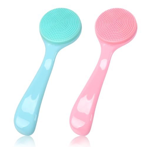 Silicone Manual Facial Cleansing Brush, NADUSEP 2 Pack Skin Friendly Soft Bristles Waterproof Face Scrubber Exfoliating Brush for Blackheads Whiteheads Makeup Residues Removal (Blue, Pink)