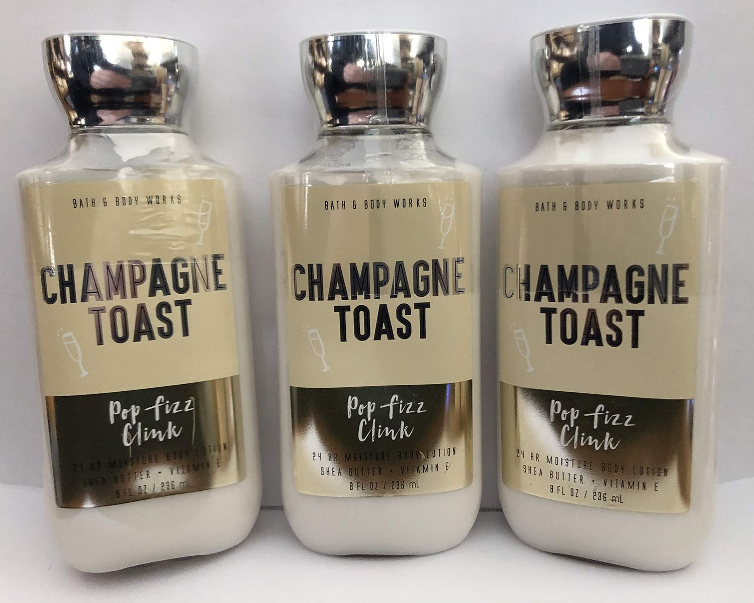 Lot of 3 Bath and Body Works Champagne Toast Pop Fizz Clink 24 hr Moisture Body Lotion 8 fl Oz each