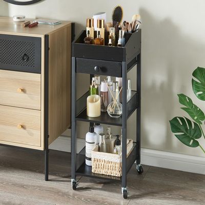 HUSHEDIFY Makeup Organizer Cart,3 Tier Floor Make up Storage Stand with Drawer, Free Standing Skincare Cosmetic Display Holder with Wheels for Vanity Bedroom Dresser Bathroom(Black)