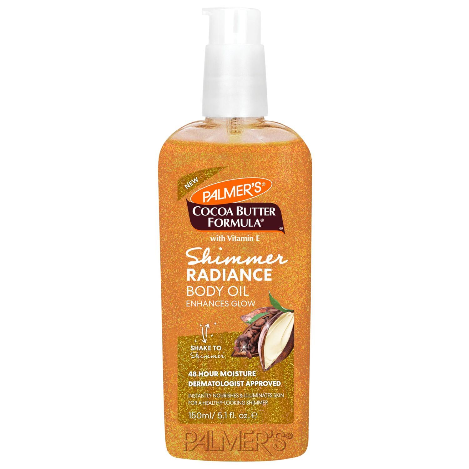 Palmer&#39;s Cocoa Butter Formula Shimmer Body Oil with Vitamin E, 5.1 Fl Oz, Radiance Body Oil for Glowing Skin, Enhances Dark Tones &amp; Tans, Hydrating