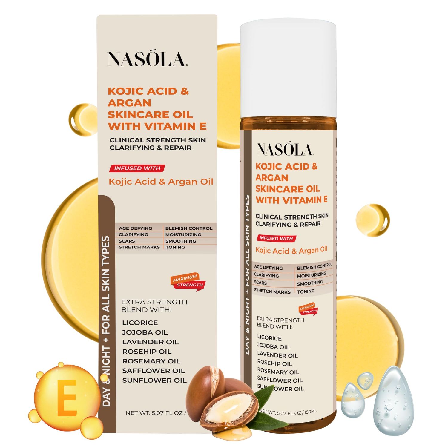 Nasola Kojic Acid Argan Skincare Bio Pure Oil with Vitamin E Face &amp; Body Moisturizer Serum for Scars &amp; Stretch Marks