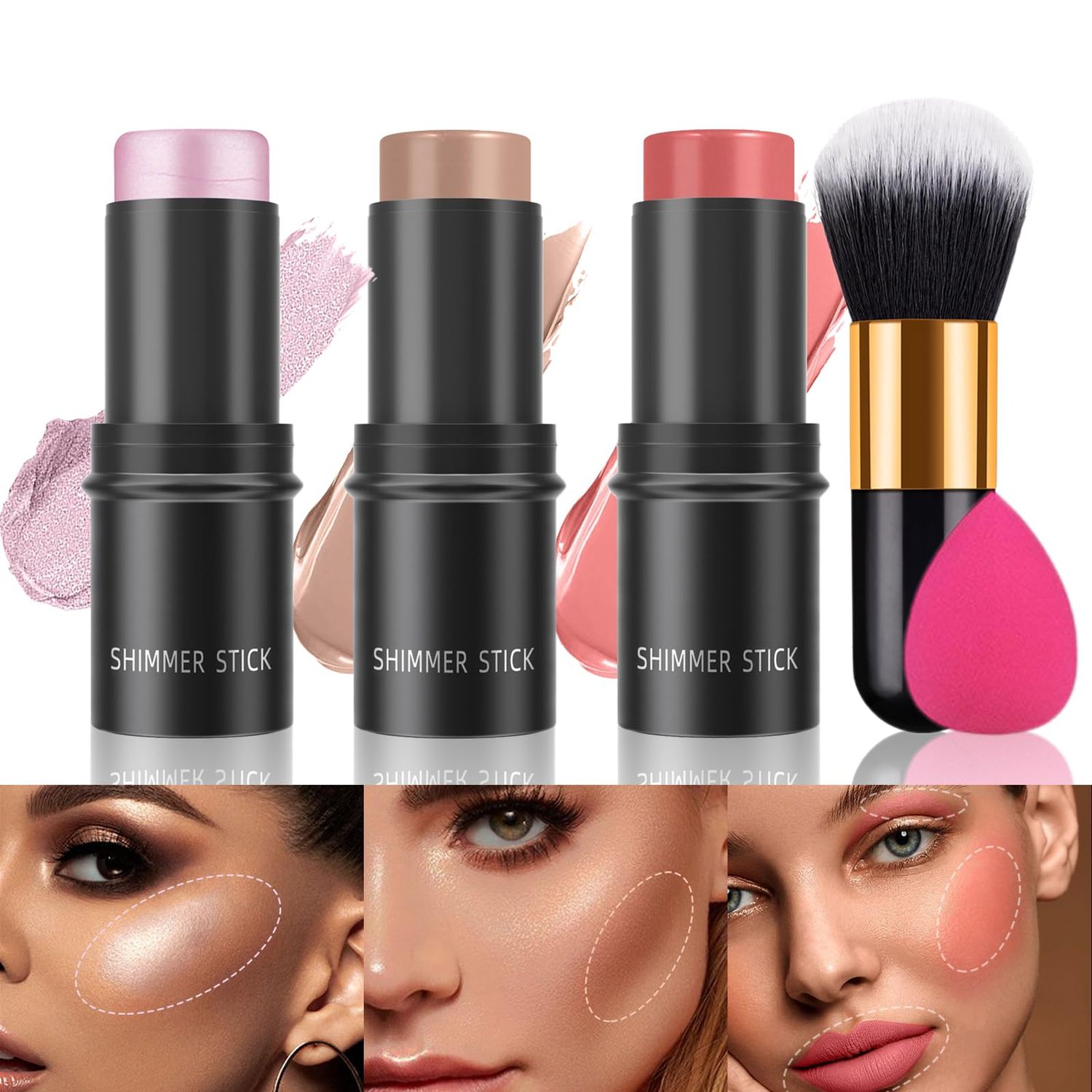 MKNZOME 3Pcs Cream Contour Stick, with Highlighter Stick Milk Bronzer Stick Illuminator Blush Stick, Face Contour Stick Highlighter Makeup with Makeup Brush and Sponge, Long Lasting