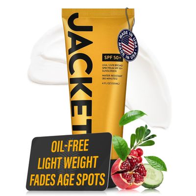 JACKET Sunscreen SPF 50+, Anti-Aging sunscreen with Vitamin C, Water resistant sunscreen for face, Zinc oxide sunscreen lotion, Age Spot Remover, Sunscreen for Body - LARGE 4 OZ size