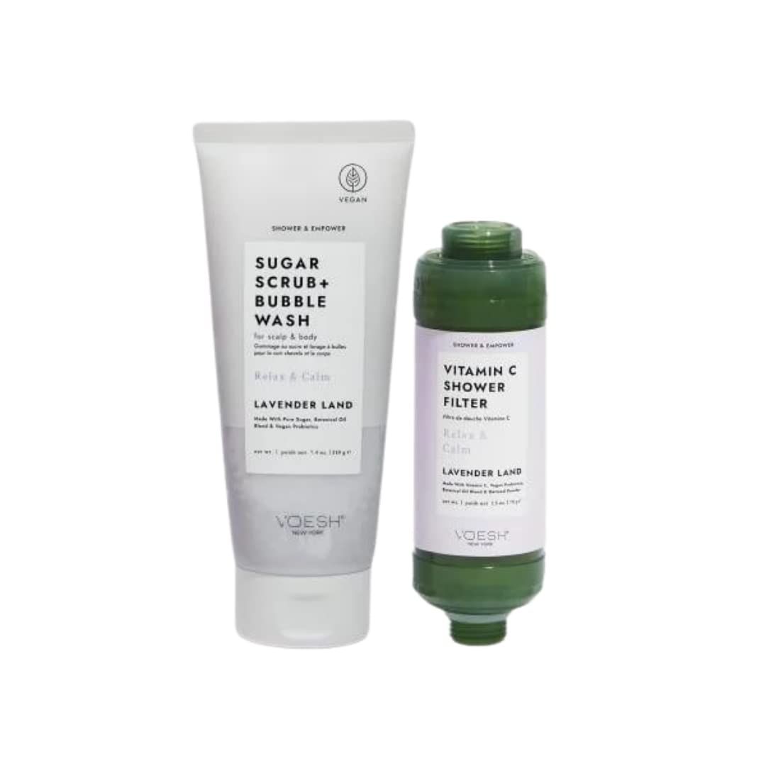 VOESH Shower &amp; Empower Duo, Lavender Land, Vitamin C Shower Filter, Exfoliating Sugar Scrub, Body Wash, Clean Shower Care Set, Vegan Skincare, Spa Gift, Clean Beauty