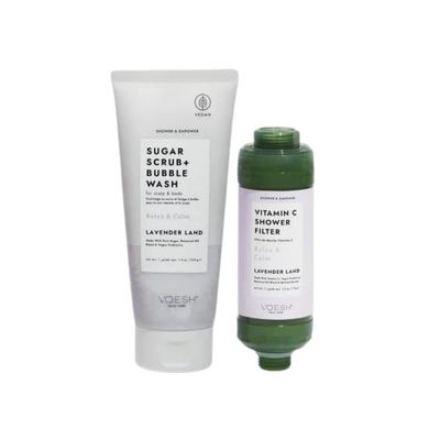 VOESH Shower &amp; Empower Duo, Lavender Land, Vitamin C Shower Filter, Exfoliating Sugar Scrub, Body Wash, Clean Shower Care Set, Vegan Skincare, Spa Gift, Clean Beauty