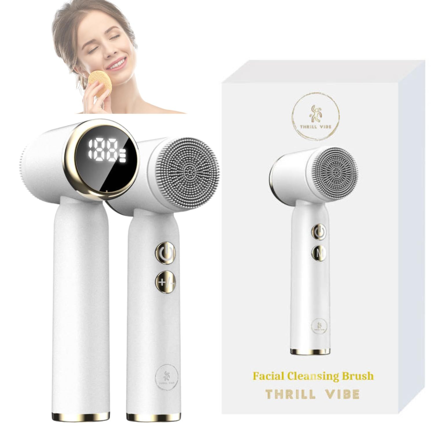 Luxurious Thrill Vibe Facial Cleansing Brush, Spin Roller Sonic Massager, 6 in1 Portable Silicone Electric Face Brush Scrubber, IPX6 Waterproof 6 Interchangeable Brush Heads for Women &amp; Men Skin.
