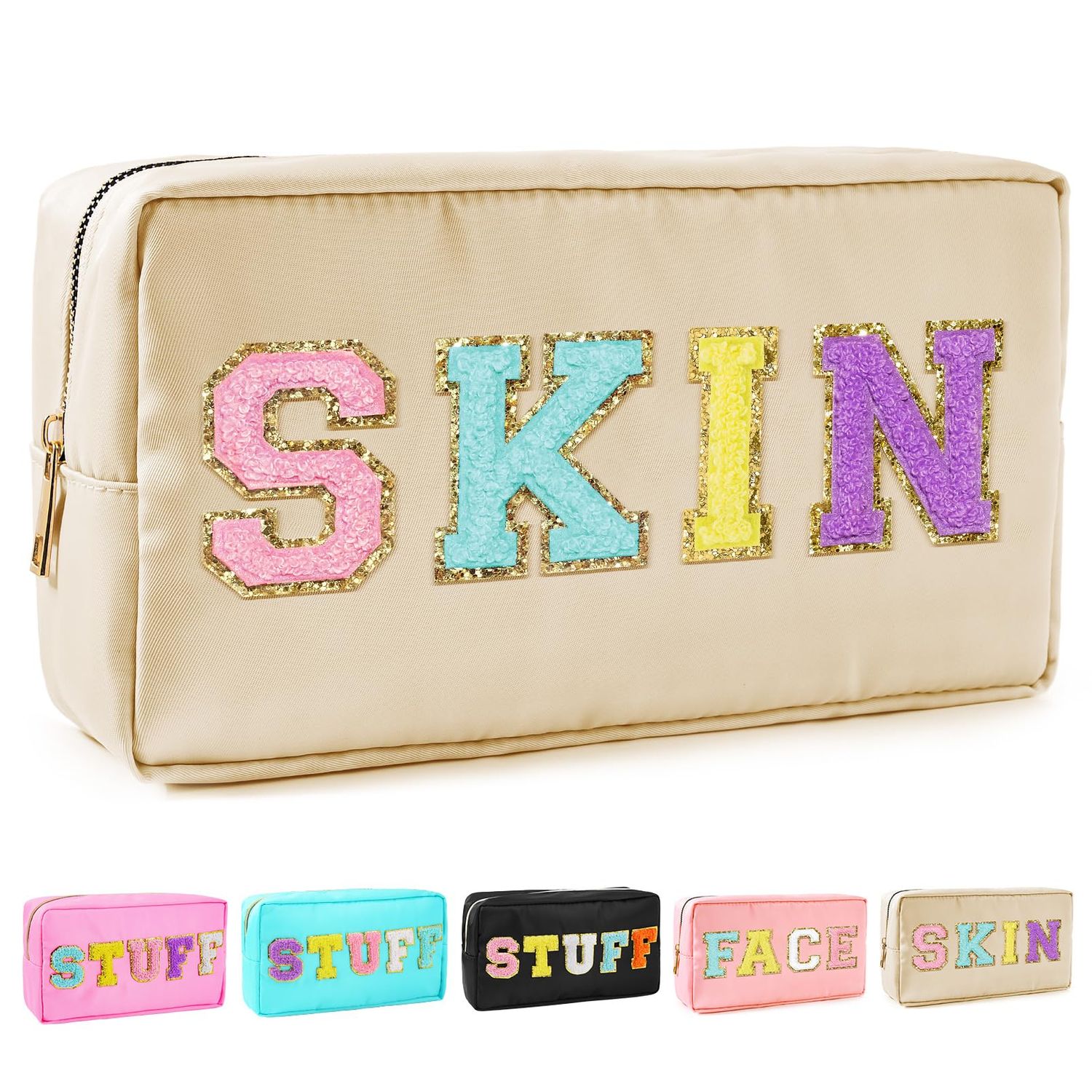 SOIDRAM Preppy Makeup Bag Nylon Cosmetic Bag Skin Care Makeup Pouch for Women Travel Toiletry Bag Organizer Cute Makeup Brushes Storage Bag with Chenille Letter Patches