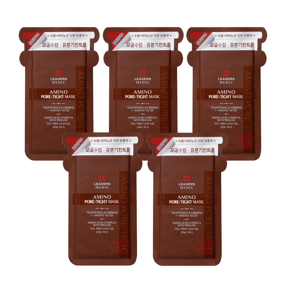Leaders Mediu Amino Pore-Tight Facial Sheet Mask | Amino Acid Complex, Tea Tree Oil, Zinc PCA for Acne-Prone, Oily Skin, Minimizes Pores, Matte Finish (5 Sheets)