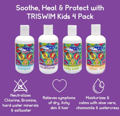 TRISWIM Kids After Swim Value Pack of 4 Travel Mesh Bag + Swim Care Chlorine Removal Body Wash + Swimming Lotion + Swim Shampoo and Conditioner 8.5 fl oz Keep your Little Swimmers Clean and Healthy