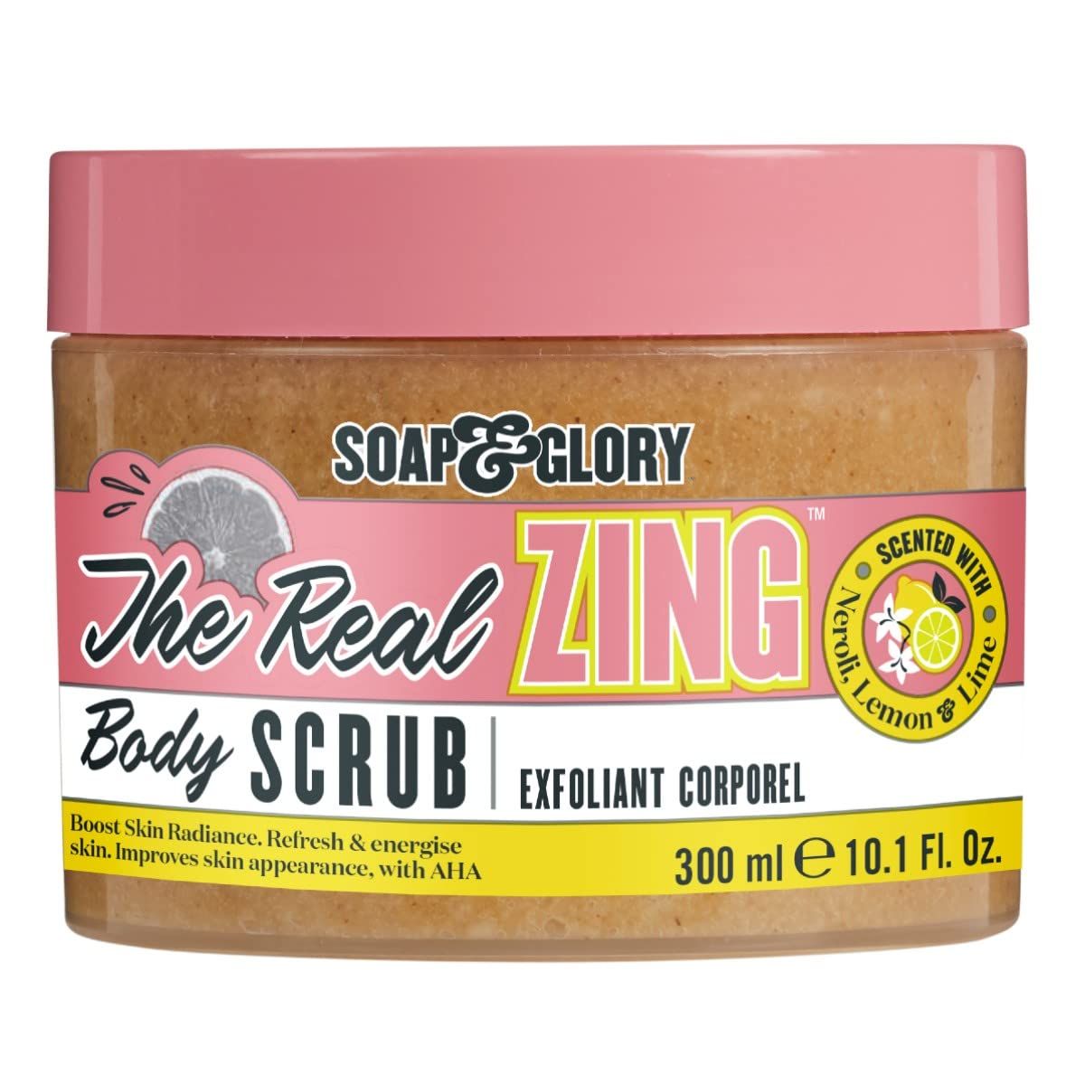 Soap &amp; Glory The Real Zing Body Scrub - Smoothing &amp; Buffing Sugar Scrub - Lemon Citrus Scented Body Polish - Skin Brightening Sea Salt Scrub (300ml)