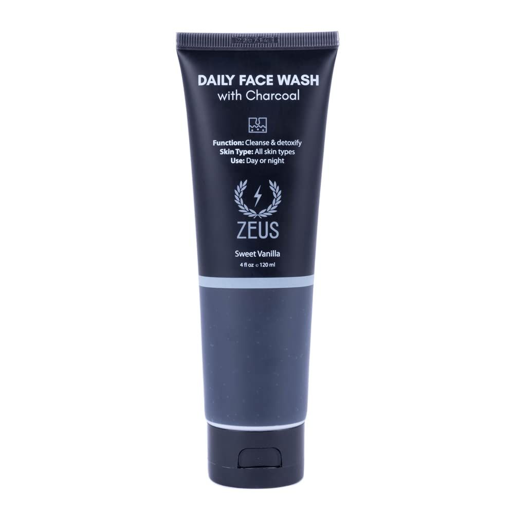 ZEUS Charcoal Face Wash for Men, Deep Cleaning Skin Facial Wash, Daily Exfoliating &amp; Detoxifying Cleanser for All Skin Types (Made in USA) 4 fl. oz.