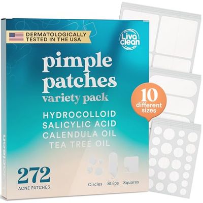 LivaClean 272 CT Pimple Patches Variety Pack w/Tea Tree Oil, Salicylic Acid &amp; Calendula Oil - Pimple Patches Large, Large Pimple Patches for Face Acne Patches Large, Hydrocolloid Patches