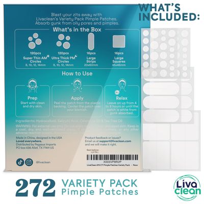 LivaClean 272 CT Pimple Patches Variety Pack w/Tea Tree Oil, Salicylic Acid & Calendula Oil - Pimple Patches Large, Large Pimple Patches for Face Acne Patches Large, Hydrocolloid Patches