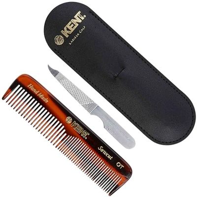 Kent NU19 Gift Set, with OT Fine Tooth/Wide Tooth Pocket Comb for Hair, Mustache and Beard for Men, Women and Kids. Travel Set with Leather Pouch and Stainless Steel Nail File. Handmade in England