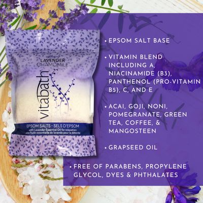 Vitabath Lavender Chamomile Epsom Salts Relaxing Detox Aromatherapy, Muscle Soreness &amp; Body Ache Relieving Soak &amp; Nourishing Skincare for Women &amp; Men - Cruelty-Free - 36 oz