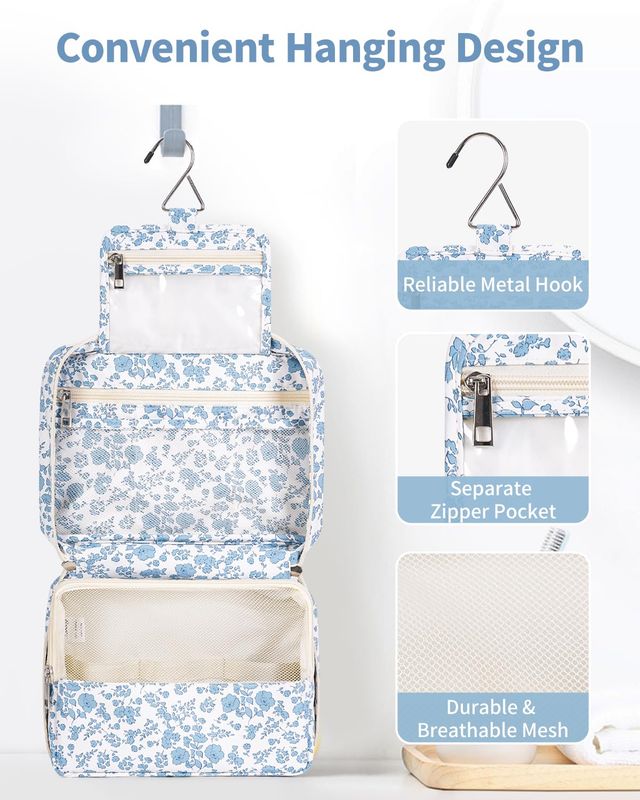 Narwey Hanging Travel Toiletry Bag Cosmetic Make up Organizer for Women Waterproof (Little Blue Flower)