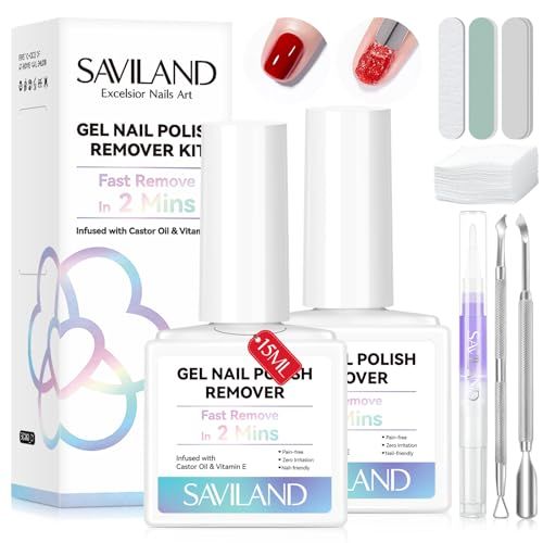 SAVILAND 2 Minutes Quick &amp; Easy Gel Nail Polish Remover Kit: 2 PCS Soak-off Gel Polish Remover Rich in Castor Oil &amp; Vitamin E, with Cuticle Oil Pen Nail Tools for Gel Nails Remove Home Salon Use