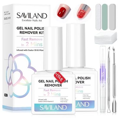 SAVILAND 2 Minutes Quick &amp; Easy Gel Nail Polish Remover Kit: 2 PCS Soak-off Gel Polish Remover Rich in Castor Oil &amp; Vitamin E, with Cuticle Oil Pen Nail Tools for Gel Nails Remove Home Salon Use