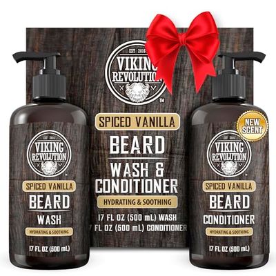 Viking Revolution Beard Wash and Beard Conditioner for Men with Argan Oil and Jojoba Oil - Beard Softener and Strengthener Beard Care Beard Shampoo and Conditioner with Beard Oil (17oz Spiced Vanilla)