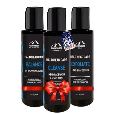 Mountaineer Brand Bald Head Care Gifts For Bald Men | All Natural 3 Step Daily Skin Care for Healthy Scalp &amp; Face | Exfoliate Scrub | Cleanse Wash | Shine Away PH Balance