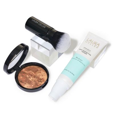 LAURA GELLER NEW YORK Laura&#39;s Must-Haves Kit 3pc: Baked Balance-n-Brighten Powder Foundation, Deep + Spackle Skin Perfecting Makeup Primer, Hydrate + Airbrush Round Kabuki Brush