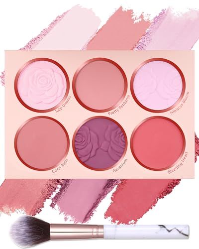 Matte Face Blush Palette Kit with Brush-6 Colors Pink Purple Silky Mineral Blendable Blusher Contour Powder for Cheeks,Longlasting Facial Beauty Cosmetic Christmas Makeup Gift for Women Girl-Set 01