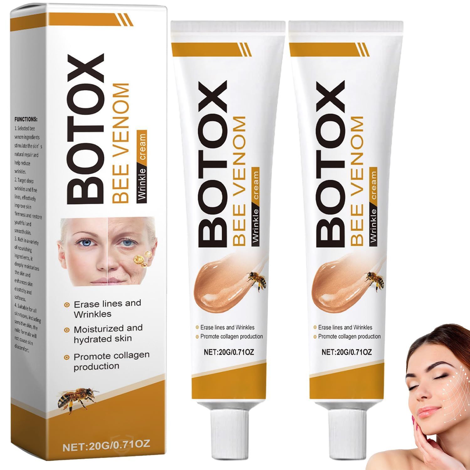 Lmuwecno 2pcs Botox Bee Venom Wrinkle Removal Cream,Bee Venom Anti-Wrinkle Firming Cream,Anti-Aging Bee Venom Cream for All Skin Type