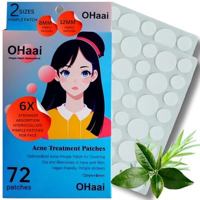 OHaai Pimple Patches for Face, 2 Sizes Pimple Patch (8mm, 12mm), 72 Counts Hydrocolloid Acne Patches with Salicylic Acid &amp; Tea Tree Oil, Acne Spot Stickers for Blemishes
