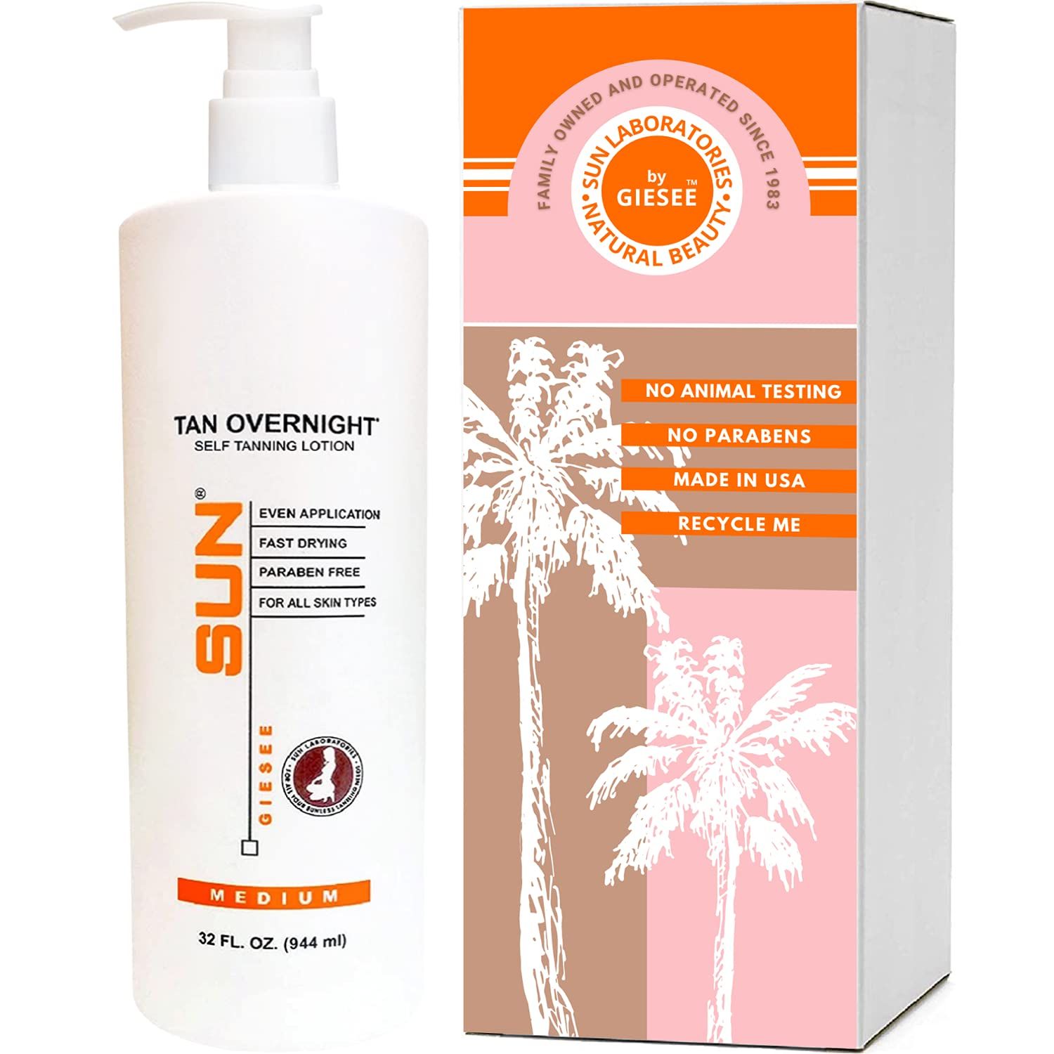 Sun Laboratories By Giesee Tan Overnight Self Tanning Lotion 32 oz - Medium To Dark Self Tanner, Sunless Tanning Lotion, Odorless Long Lasting Tanning Lotion, Instant Tanner Lotion for Face &amp; Body