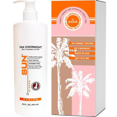 Sun Laboratories By Giesee Tan Overnight Self Tanning Lotion 32 oz - Medium To Dark Self Tanner, Sunless Tanning Lotion, Odorless Long Lasting Tanning Lotion, Instant Tanner Lotion for Face &amp; Body