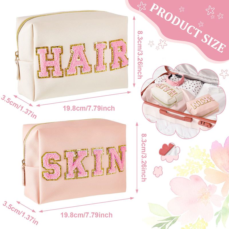 Patelai 2 Pcs Preppy Makeup Bags Chenille Letter Patch Bag Face Skin Hair Stuff Aesthetic Cosmetic Bag Travel Zipper Pouch Makeup Organizer Graduation Gift for Girls (White, Pink,Hair, Skin)