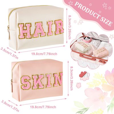 Patelai 2 Pcs Preppy Makeup Bags Chenille Letter Patch Bag Face Skin Hair Stuff Aesthetic Cosmetic Bag Travel Zipper Pouch Makeup Organizer Graduation Gift for Girls (White, Pink,Hair, Skin)