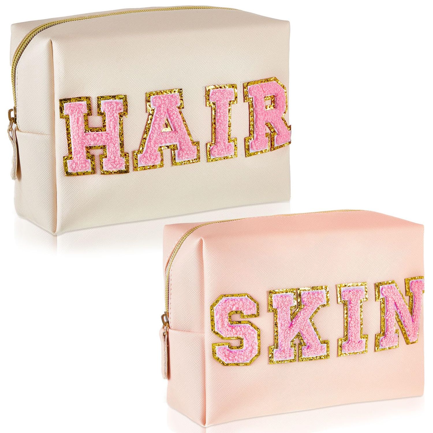 Patelai 2 Pcs Preppy Makeup Bags Chenille Letter Patch Bag Face Skin Hair Stuff Aesthetic Cosmetic Bag Travel Zipper Pouch Makeup Organizer Graduation Gift for Girls (White, Pink,Hair, Skin)