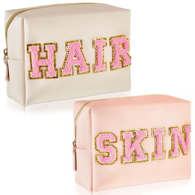 Patelai 2 Pcs Preppy Makeup Bags Chenille Letter Patch Bag Face Skin Hair Stuff Aesthetic Cosmetic Bag Travel Zipper Pouch Makeup Organizer Graduation Gift for Girls (White, Pink,Hair, Skin)