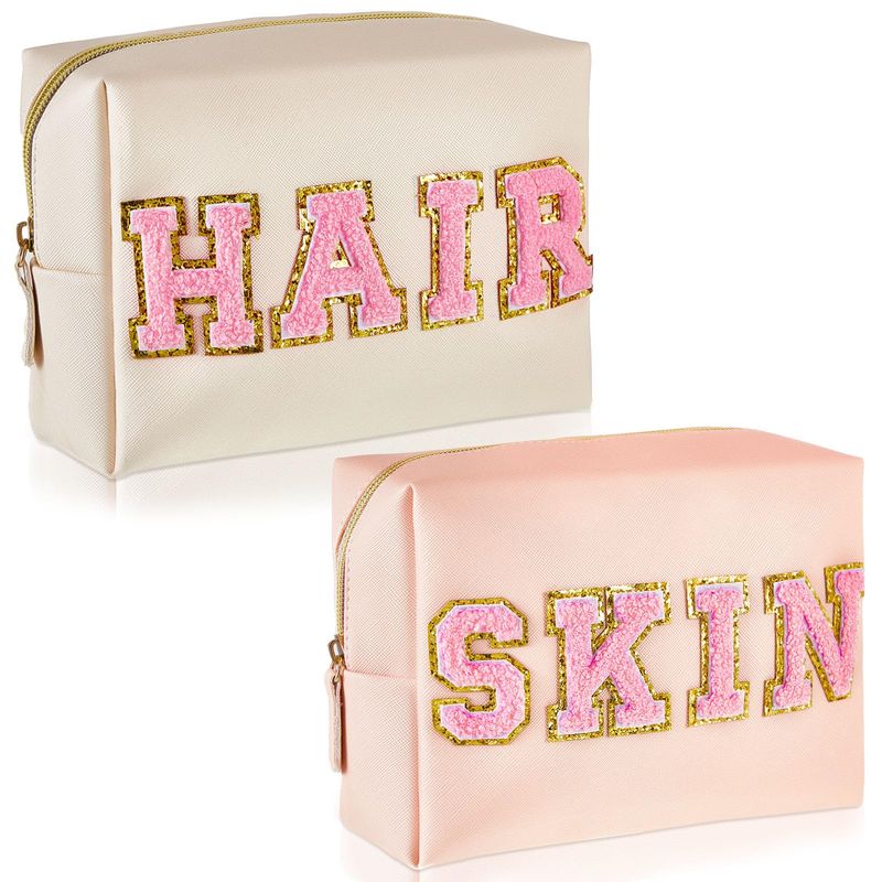 Patelai 2 Pcs Preppy Makeup Bags Chenille Letter Patch Bag Face Skin Hair Stuff Aesthetic Cosmetic Bag Travel Zipper Pouch Makeup Organizer Graduation Gift for Girls (White, Pink,Hair, Skin)